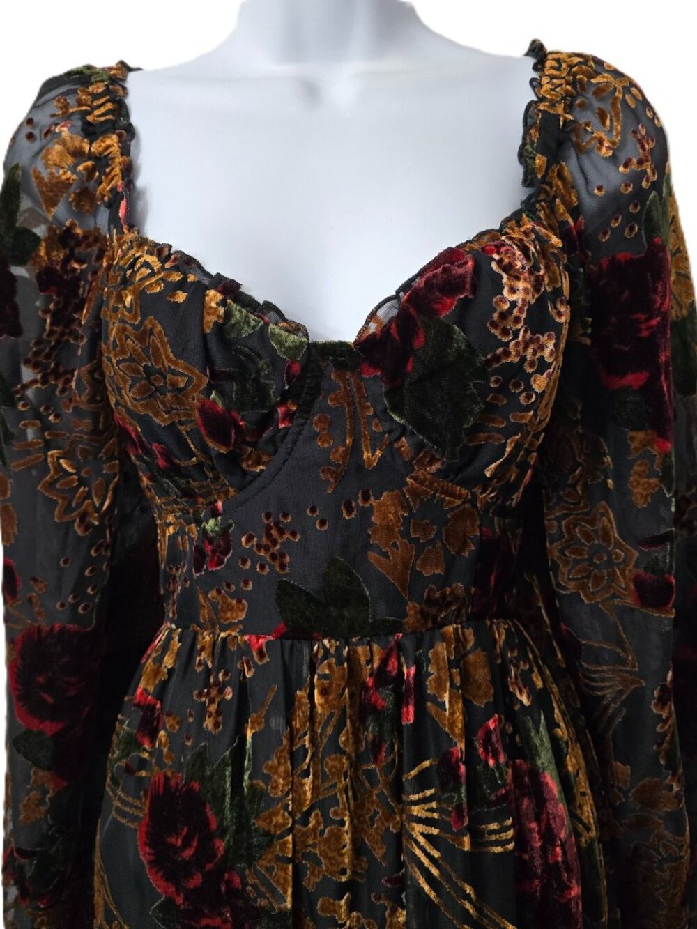 Baltic Born Velvet Burnout Dress L Maxi Puff Sleeve Smocked Black Copper Floral - Picture 3 of 12
